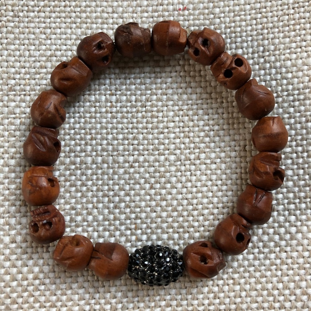 Sisco Bracelet Pave Skulls Wood Beads Stretch